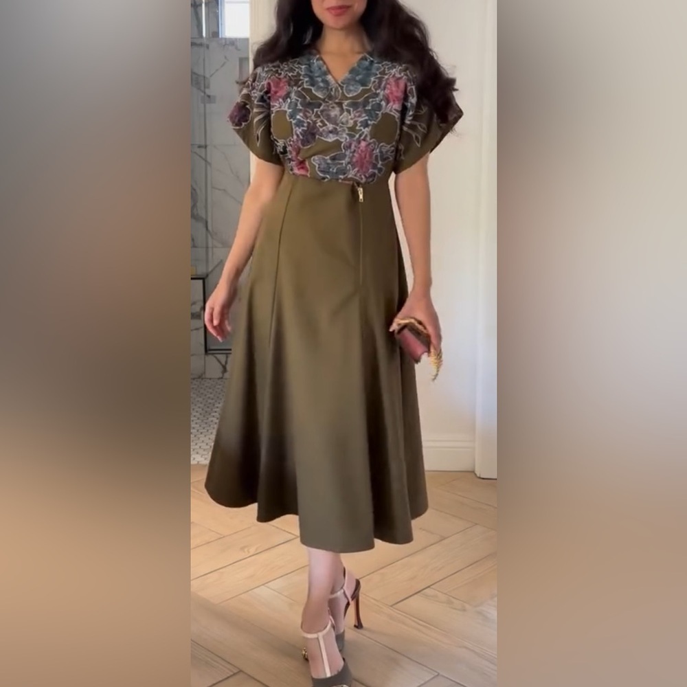 Hemant & Nandita Women’s Candida Olive Green Midi Dress Size 4